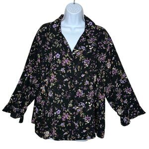 Covington Full Button Front Blouse Dark Floral Plus Sz 20-22W Feminine Romantic